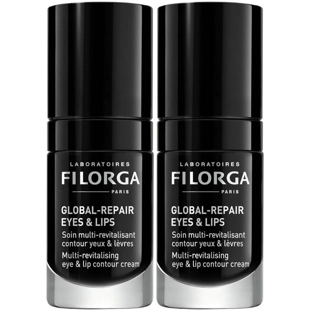 Deux flacons noirs avec couvercles. Sur le devant, "FILORGA GLOBAL-REPAIR EYES & LIPS". Texte en français et anglais.
