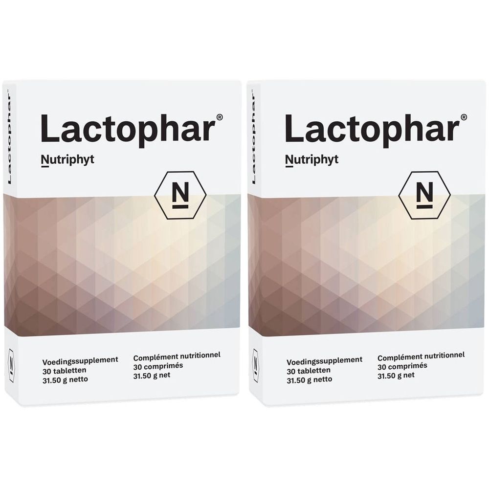 Deux boîtes de Lactophar. Inscription Lactophar, Nutriphyt, logo N, Voedingssupplement, 30 tabletten, 31.50 g netto, Complément nutritionnel, 30 comprimés, 31.50 g net.