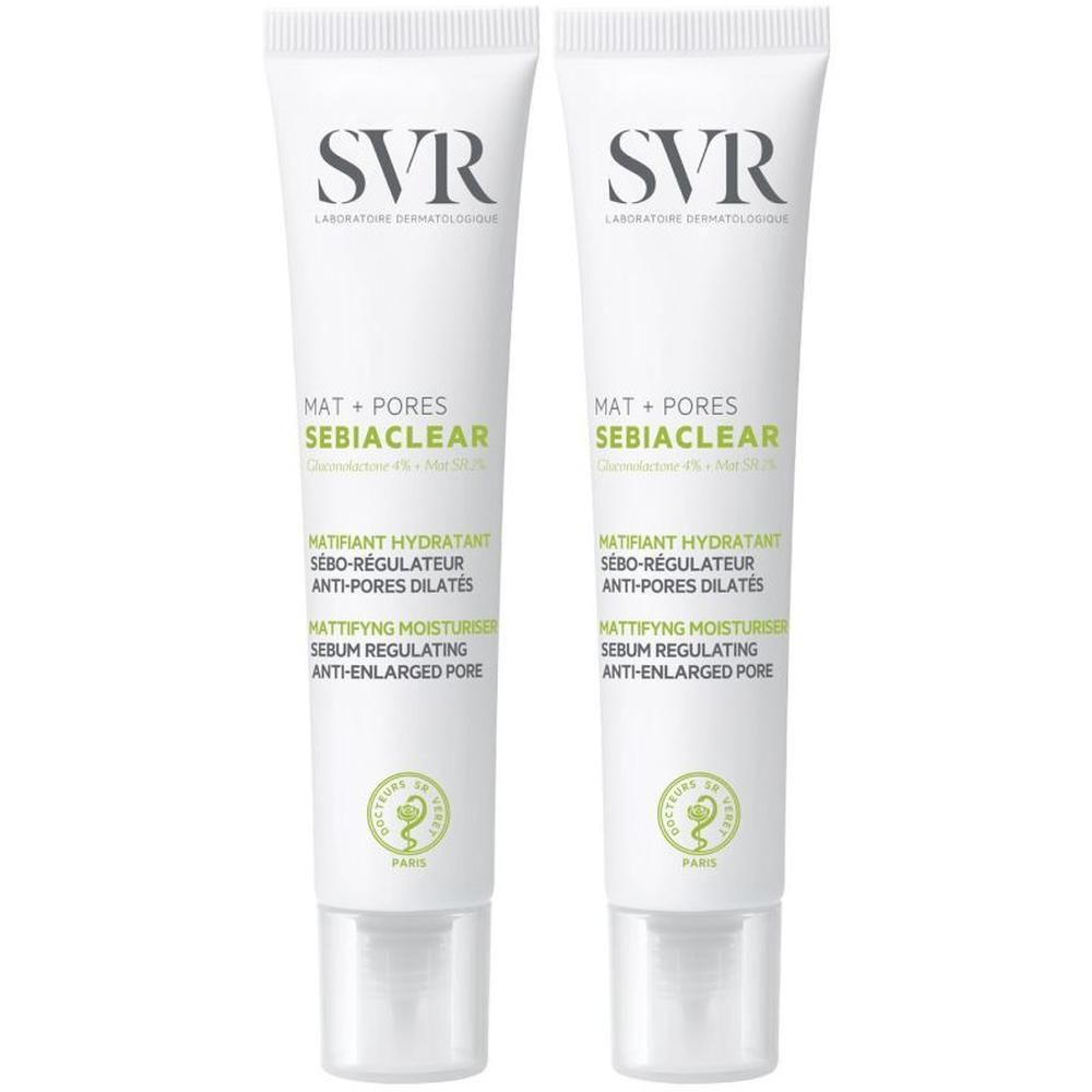Deux tubes de SVR Sebiaclear Matte + Poren. Blancs, avec texte vert et noir. Logo SVR en haut. Texte: Hydratant matifiant, sébo-régulateur, anti-pores dilatés.