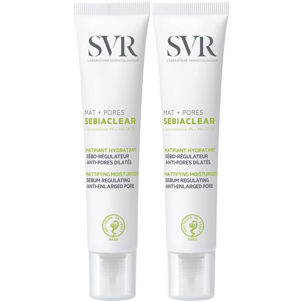 Deux tubes de SVR Sebiaclear Mat + Pores. Tubes blancs avec texte et logo. Texte : Hydratant matifiant, anti-pores dilatés.