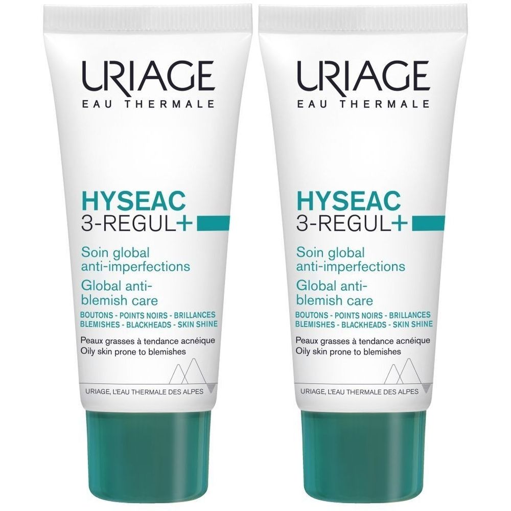 Deux tubes Uriage Hyseac 3-Regul+. Blanc, accents verts. Texte : "Soin global anti-imperfections", "Global anti-blemish care".