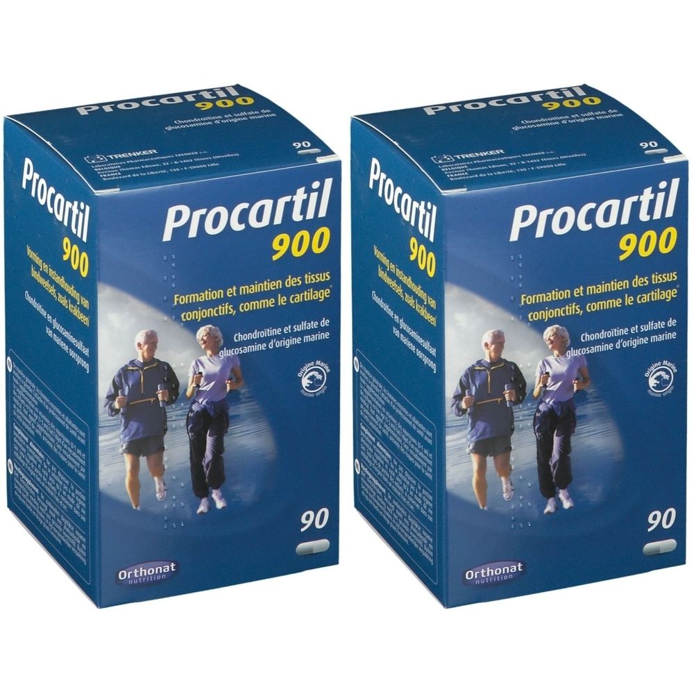 Deux boîtes bleues "Procartil 900". Illustration de personnes courant. Logo "Orthonat". Texte en français.
