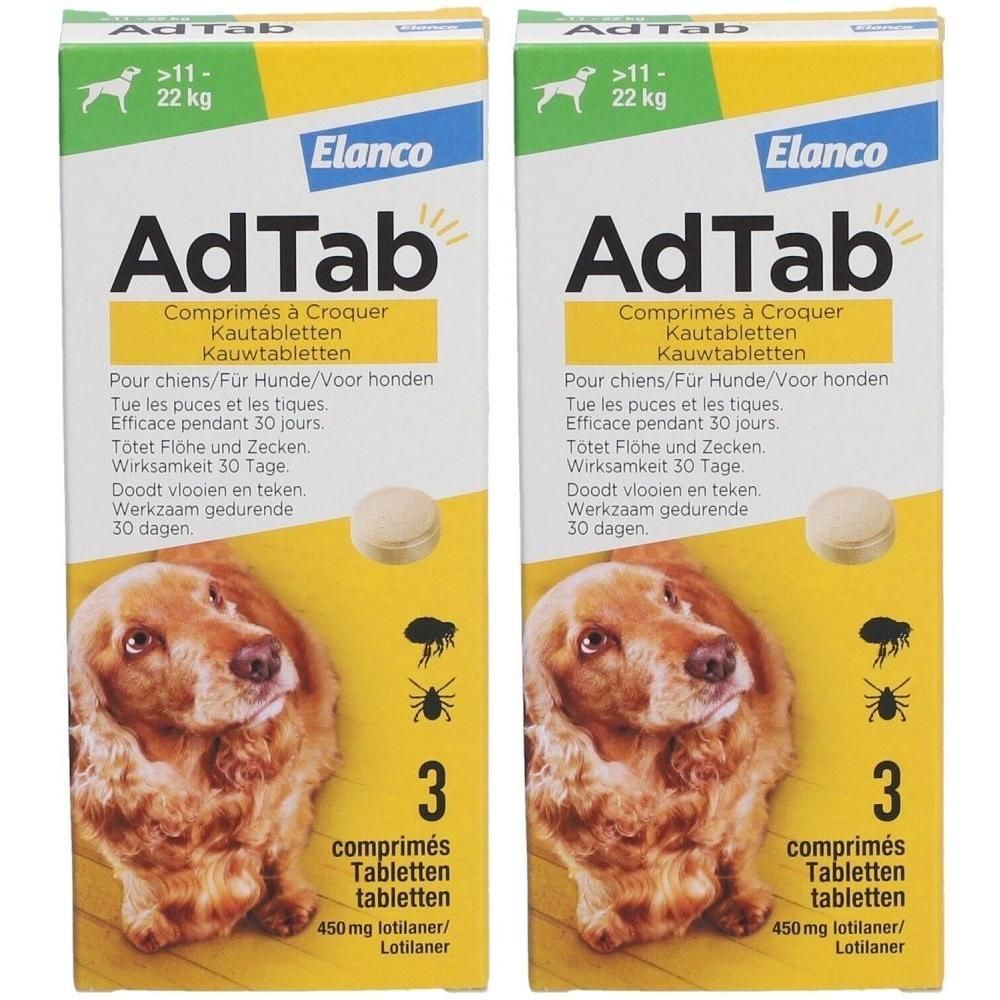 Deux boîtes AdTab pour chiens. Inscriptions : >11-22 kg, Elanco, 3 comprimés, 450mg lotilaner. Image d'un chien.