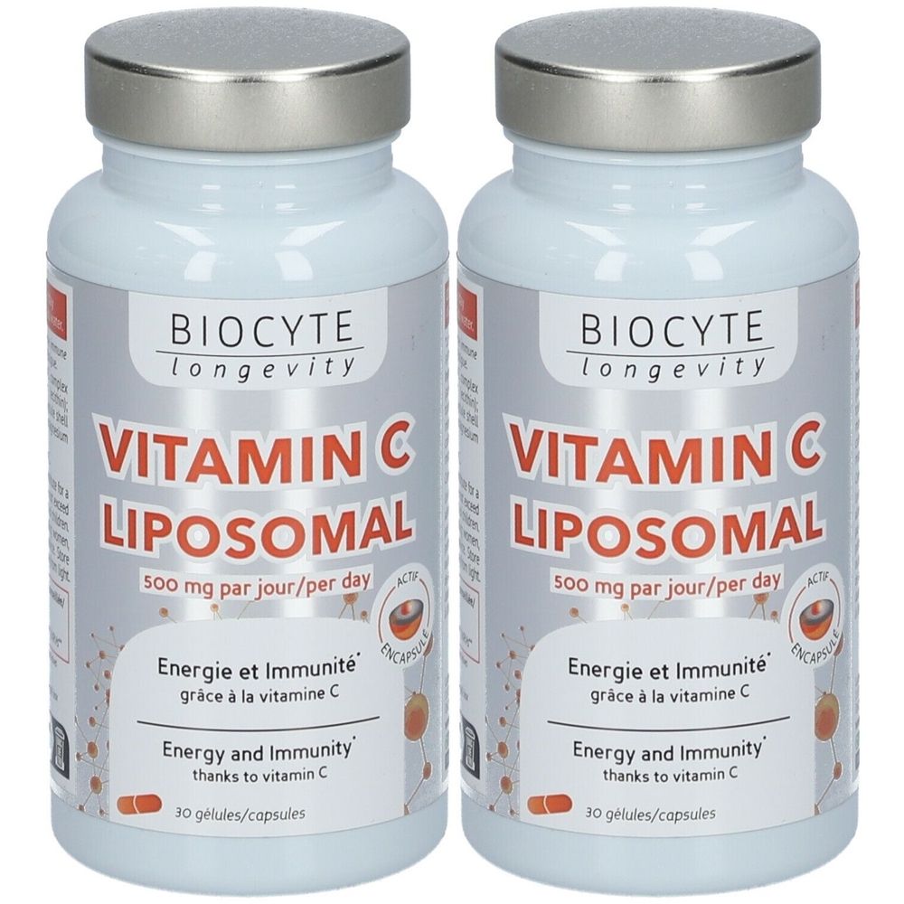Deux flacons de Biocyte Vitamine C Liposomal. Flacons blancs avec bouchons argentés. Inscription : Vitamine C Liposomal, 500 mg par jour.