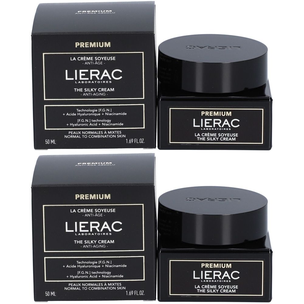 Deux pots noirs et deux boîtes. Sur les pots et les boîtes, on peut lire "PREMIUM LIERAC LA CRÈME SOYEUSE THE SILKY CREAM".