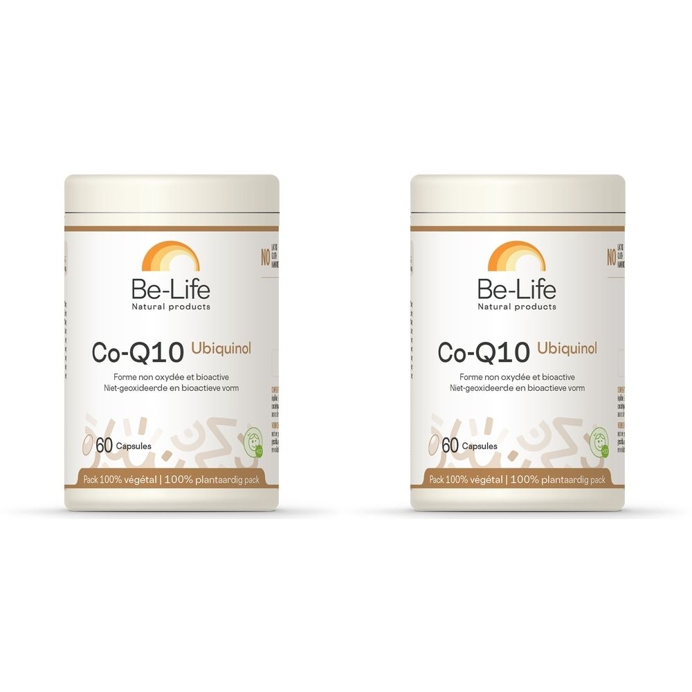 Deux flacons crème avec le logo Be-Life et l'inscription Co-Q10 Ubiquinol. Inscription : 60 gélules. Emballage : 100% végétal.