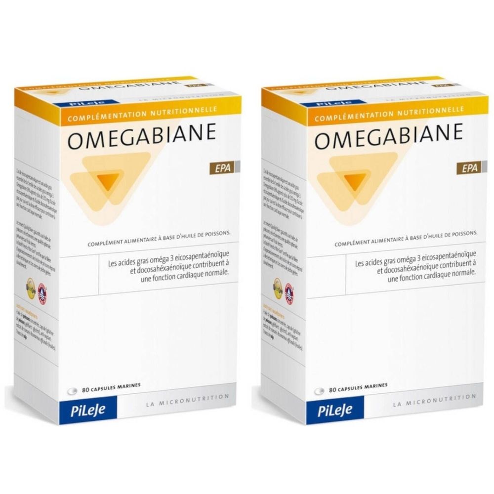Deux boîtes OMEGABIANE EPA. Emballage blanc et jaune avec texte et logo. Contient des capsules.