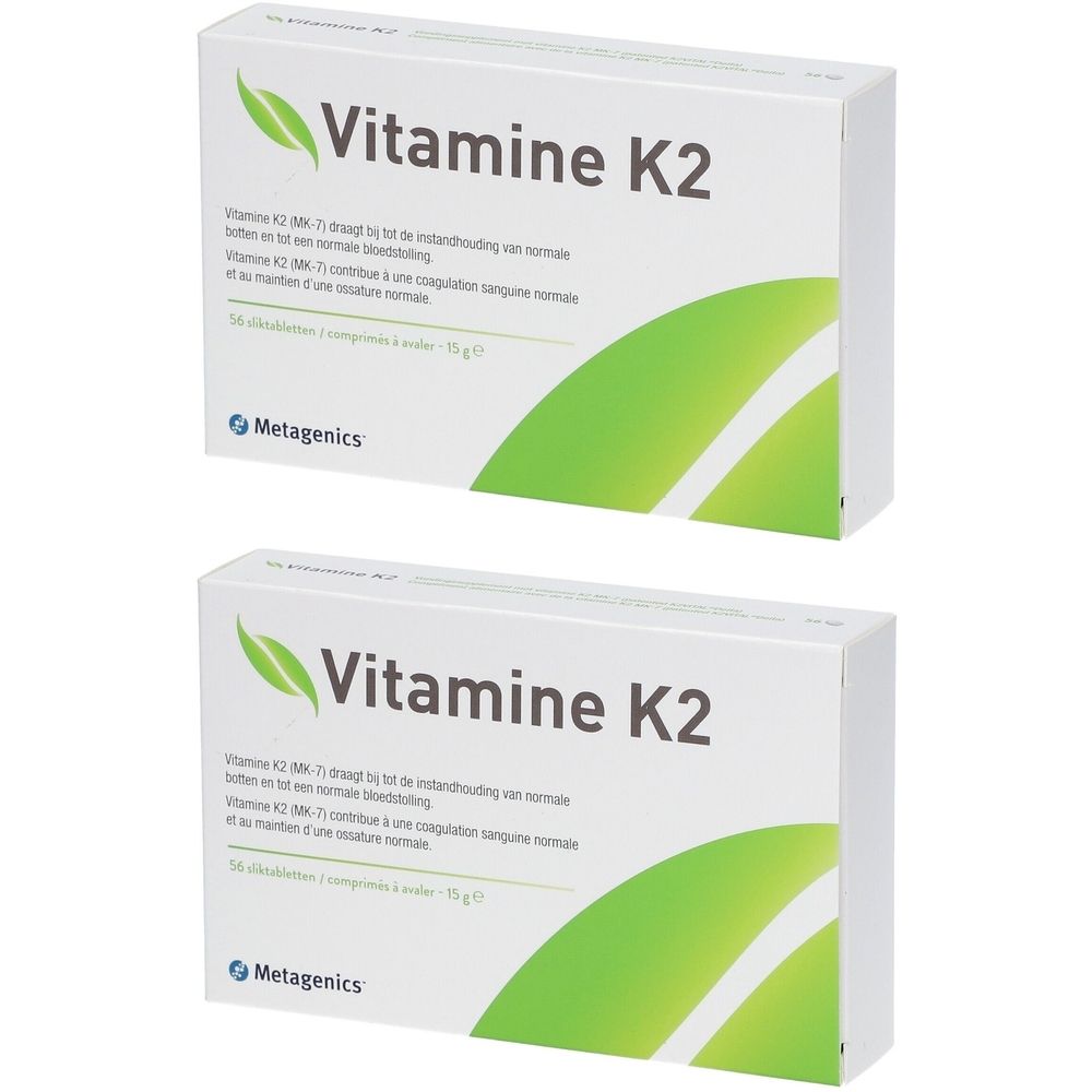Deux boîtes blanches avec "Vitamine K2" et un motif de feuille verte. Marque : Metagenics. Contient 36 comprimés.