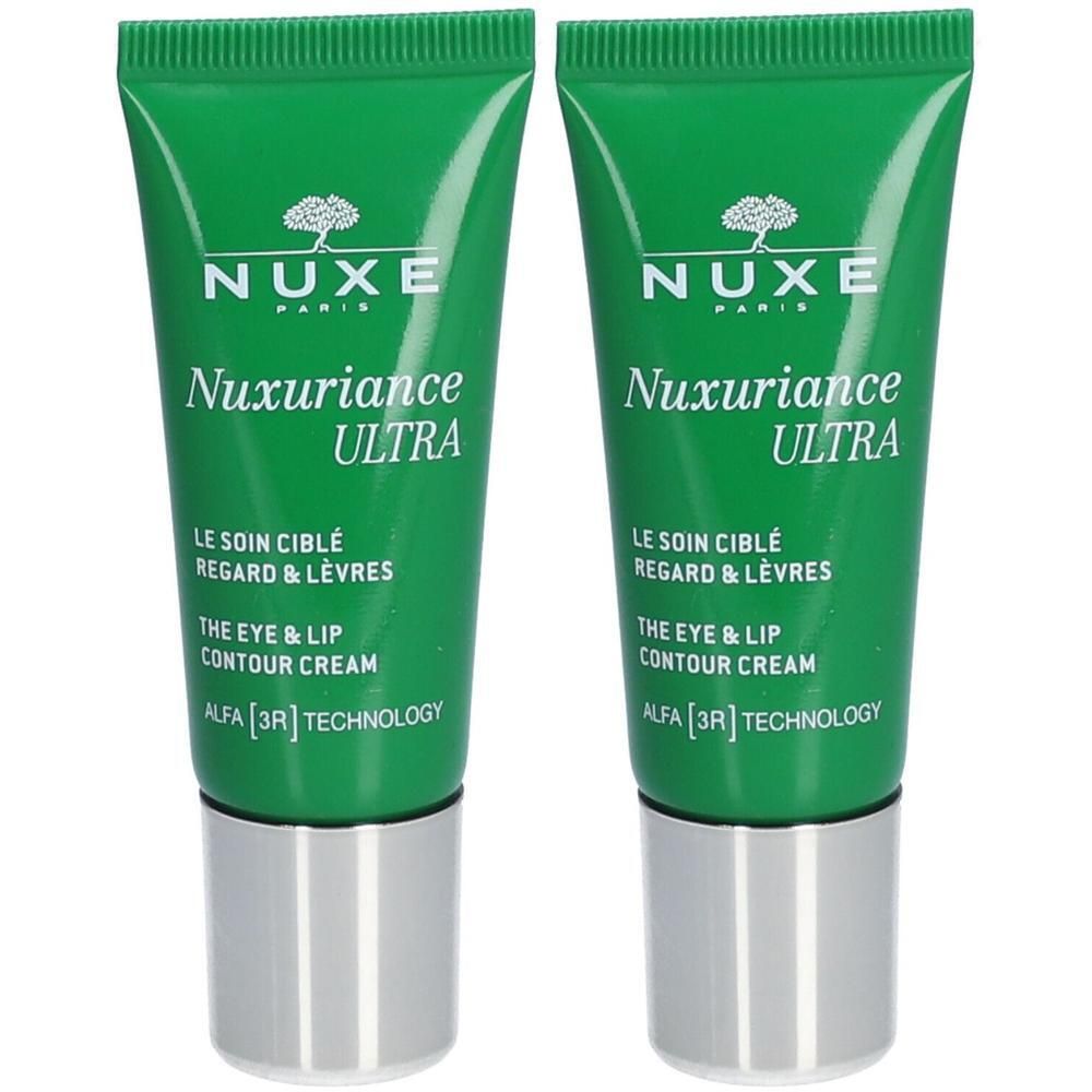 Deux tubes verts avec bouchons argentés. Inscription: NUXE, Nuxuriance Ultra, crème contour des yeux et lèvres.