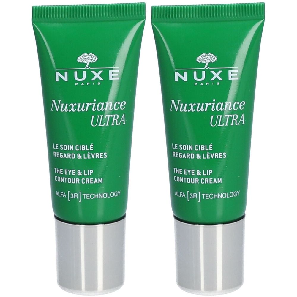 Deux tubes verts avec bouchons argentés. Inscription: NUXE, Nuxuriance Ultra, Le soin ciblé regard & lèvres, The eye & lip contour cream.