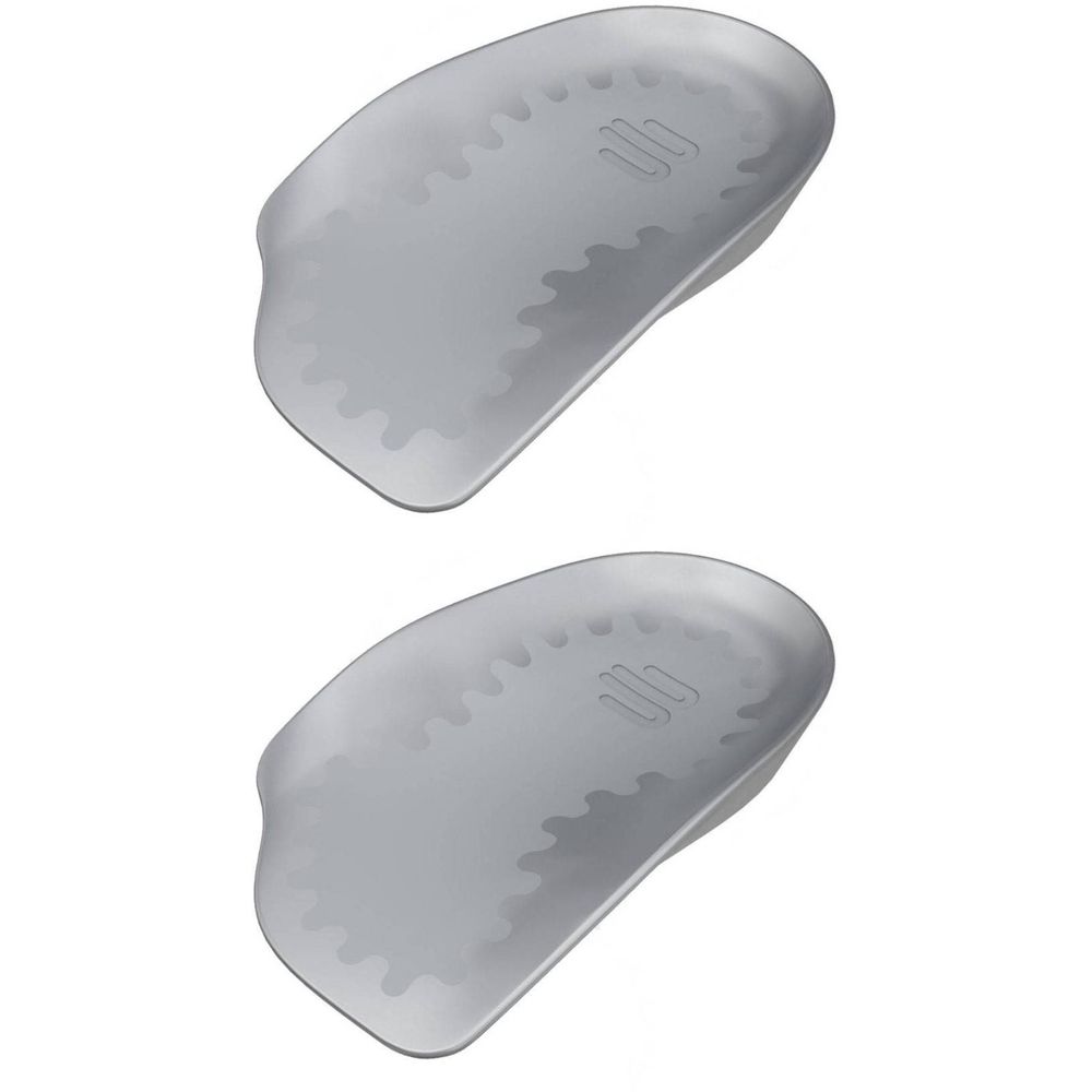Deux coussinets de talon viscoélastiques gris. Bords ondulés et logo en relief.