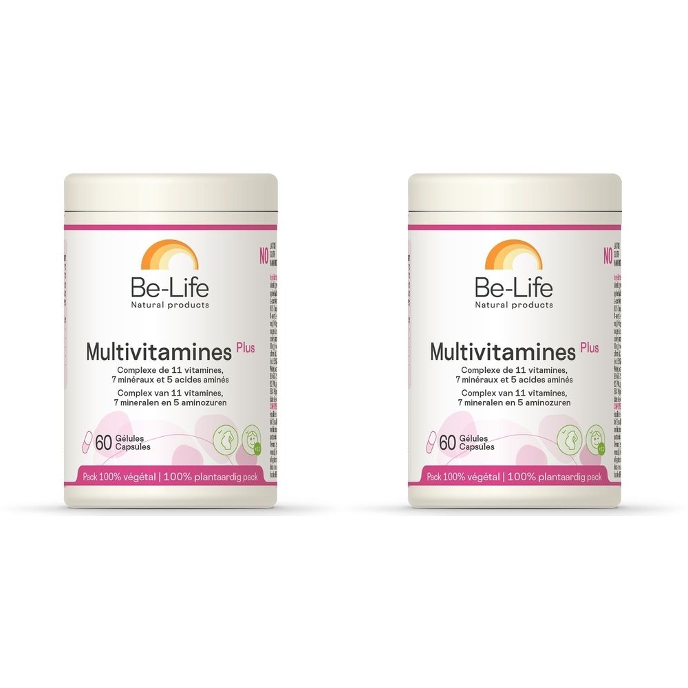 Deux flacons blancs avec étiquettes. Inscription : Be-Life Multivitamines Plus. Contient 60 gélules. 100% végétal.