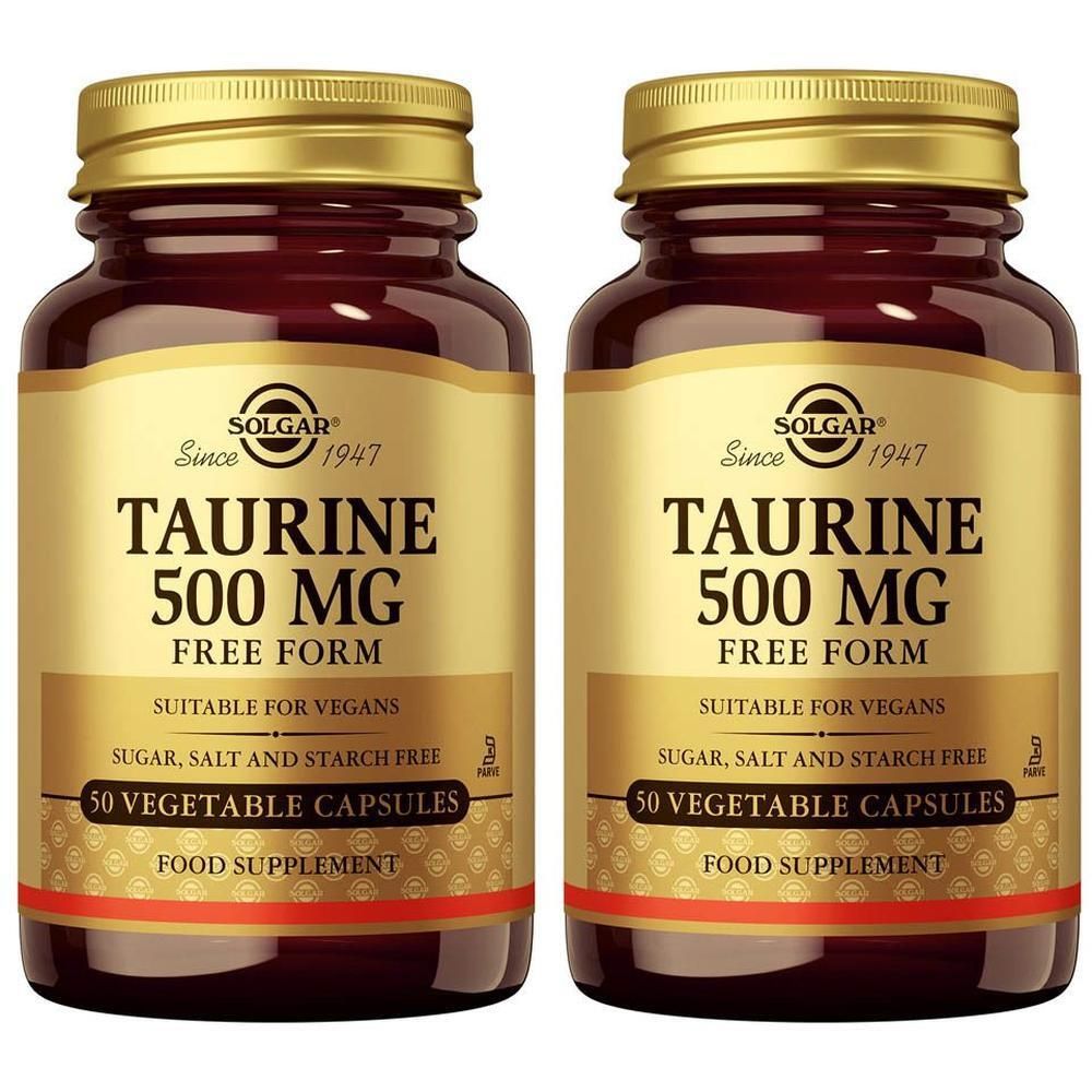 Deux flacons de Solgar Taurine 500 mg, 50 gélules végétales.