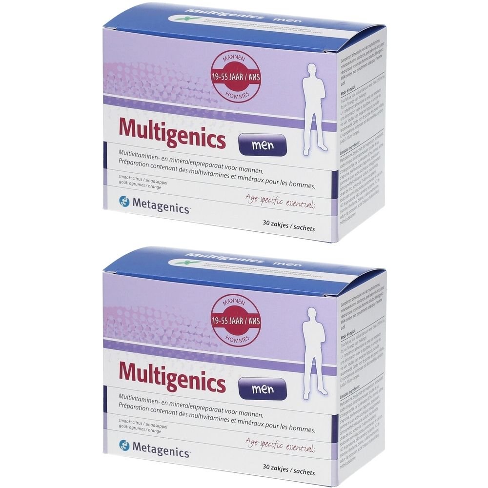 Deux boîtes de Multigenics men. Inscription: 19-55 ans/ans, multivitamines pour hommes. Marque: Metagenics. 30 sachets.