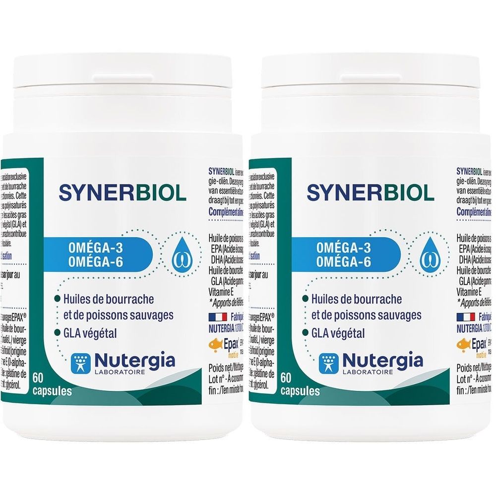 Deux flacons blancs "Synerbiol". Inscription: Oméga-3 Oméga-6, 60 capsules. Marque: Nutergia.