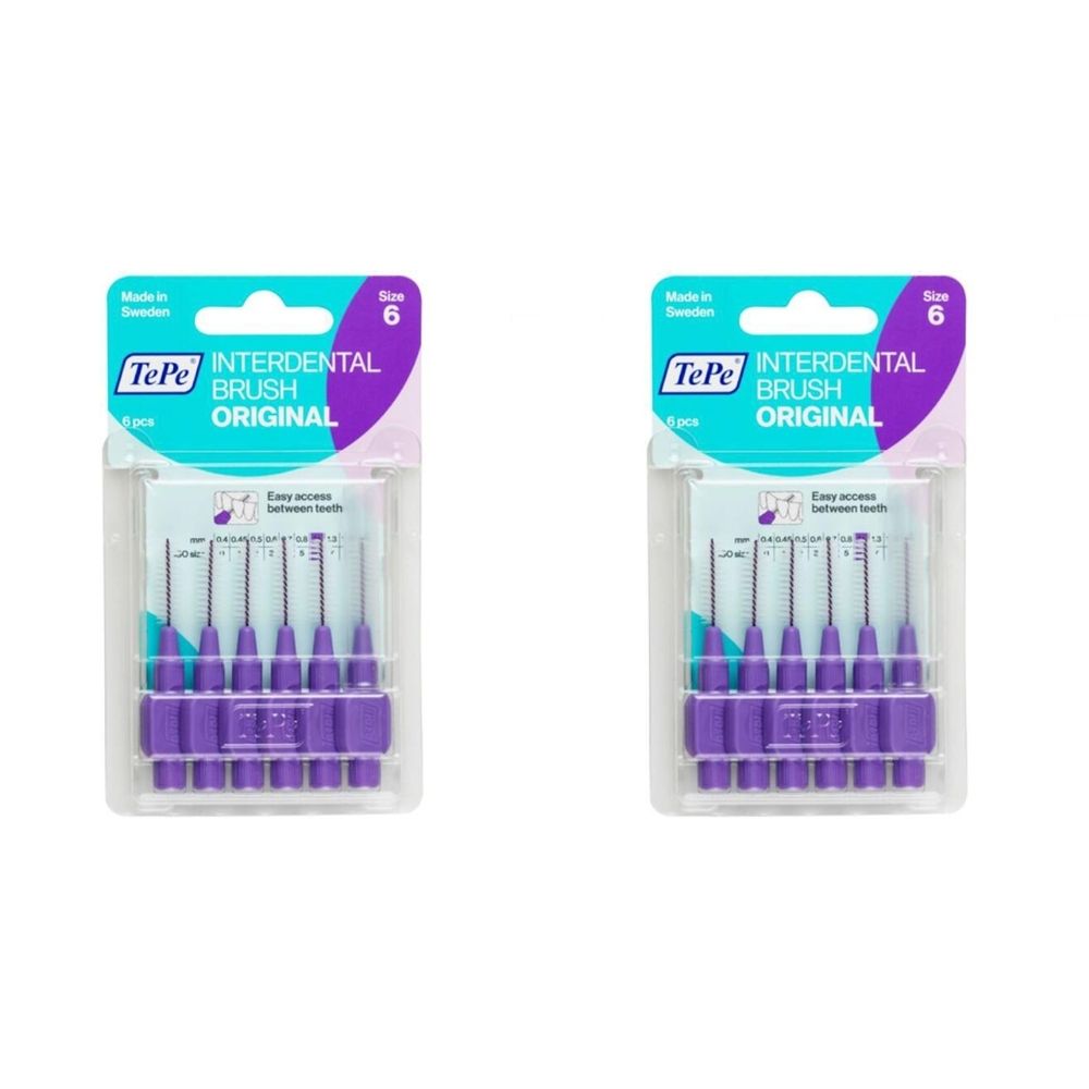Deux paquets de brossettes interdentaires TePe Original, violettes. Chaque paquet contient 6 brossettes. Taille 6.