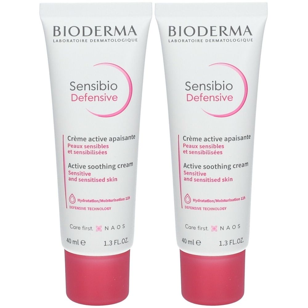 Deux tubes de crème BIODERMA Sensibio Defensive. Tubes blancs avec accents roses et texte. Contient du texte en français et en anglais.