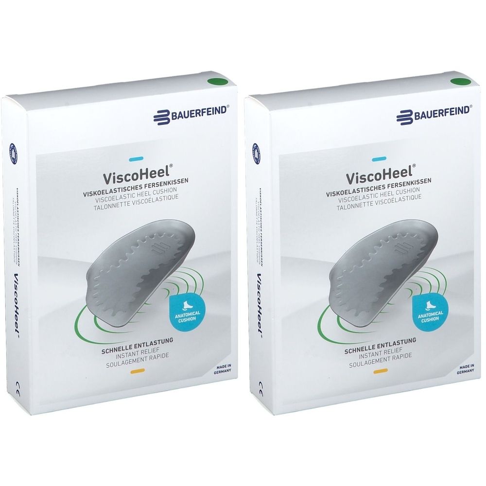 Deux boîtes blanches avec le produit ViscoHeel. Sur chaque boîte, un coussinet de talon viscoélastique gris est représenté. La marque Bauerfeind est visible.