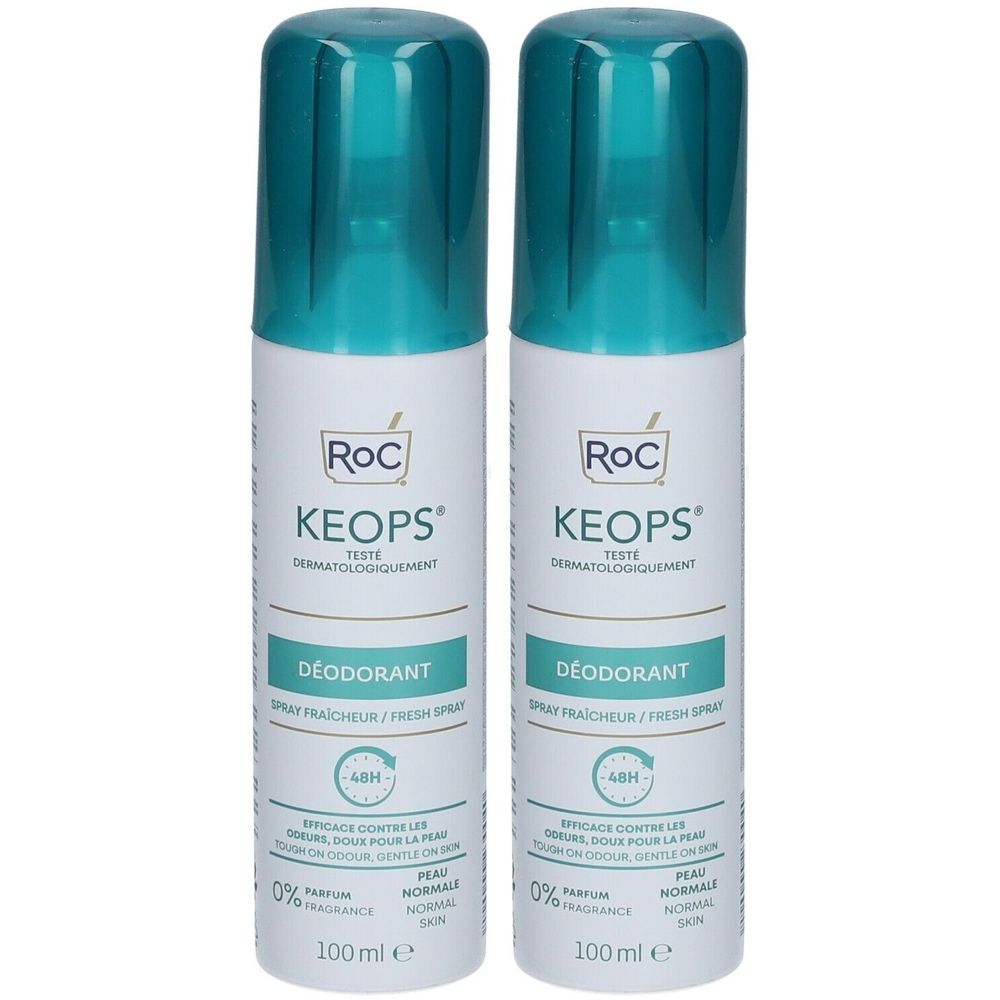Deux sprays déodorants RoC Keops. Bouteilles blanches avec bouchons et étiquettes turquoise. Inscription : Déodorant, 48H, 0% Parfum, Peau Normale.