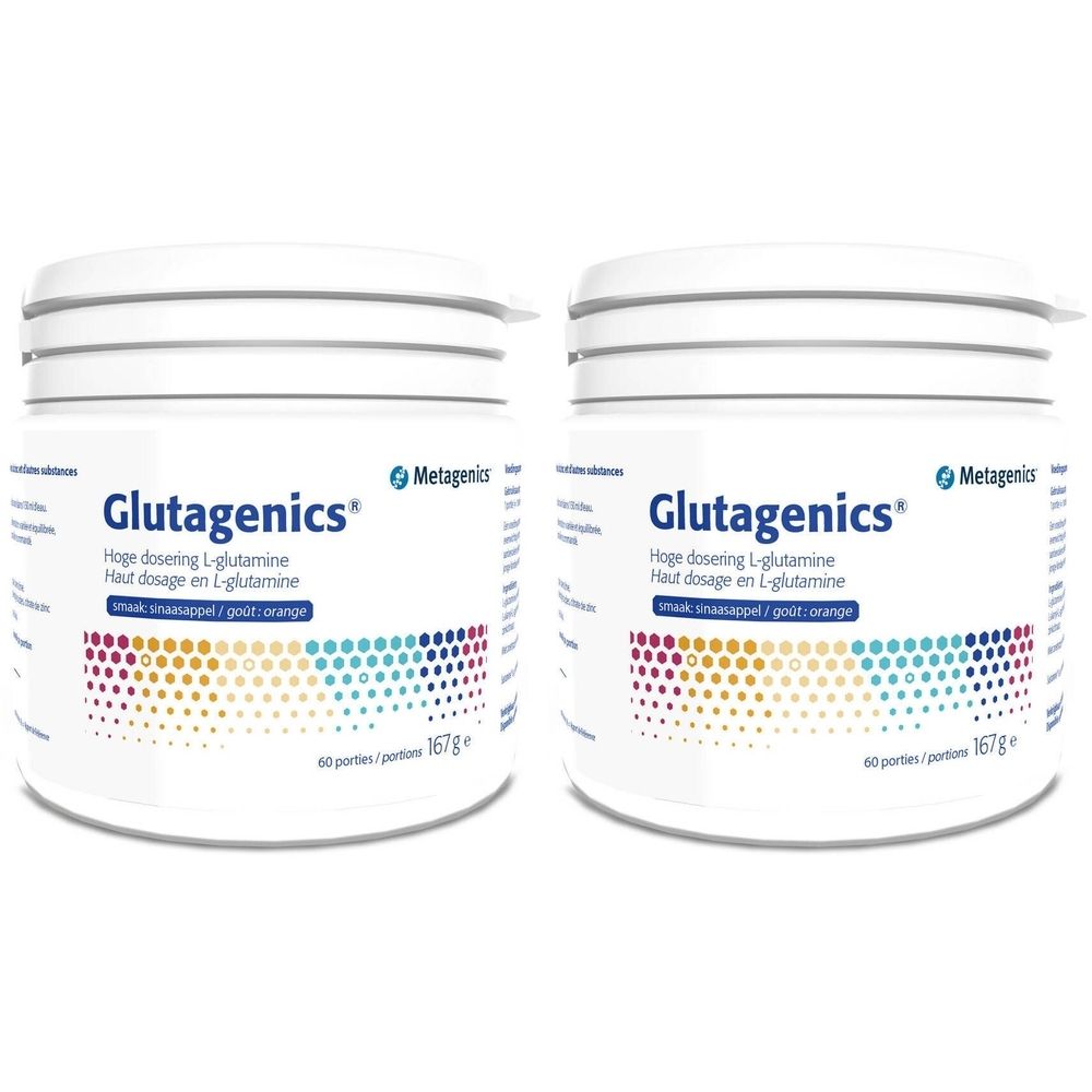 Deux pots blancs Glutagenics. Inscription : Dosage élevé en L-glutamine. Marque Metagenics. 60 portions, 167g.