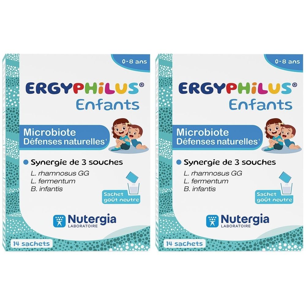 Deux boîtes d'Ergyphilus Enfants. Inscription : Microbiote, Défenses naturelles, Synergie de 3 souches. Marque : Nutergia. 14 sachets.