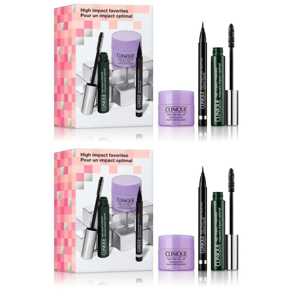 Coffret cadeau Clinique. Contient mascara, eyeliner et crème pour les yeux. Emballage avec nom de produit et marque.