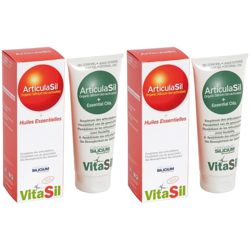 Deux tubes et deux boîtes ArticulaSil. Tubes blancs avec étiquette verte. Boîtes rouges avec nom du produit et logo.