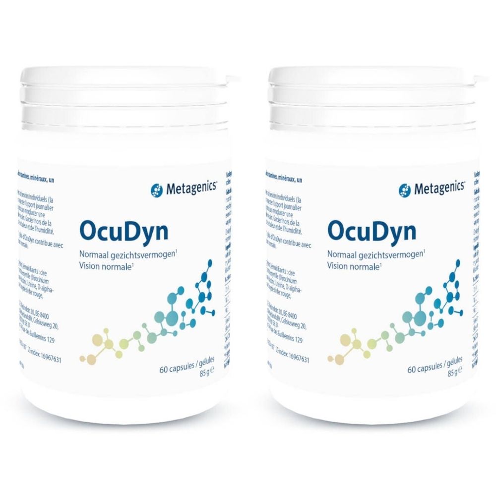 Deux flacons blancs OcuDyn de Metagenics. Inscription : Normaal gezichtsvermogen, Vision normale. Contient 60 capsules.