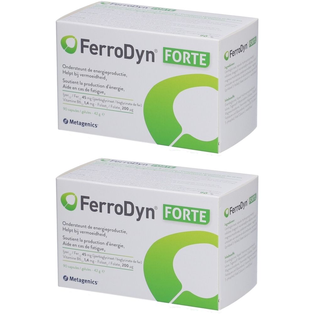 Deux boîtes de FerroDyn Forte. Blanc avec des accents verts. Inscription FerroDyn Forte. Logo Metagenics.