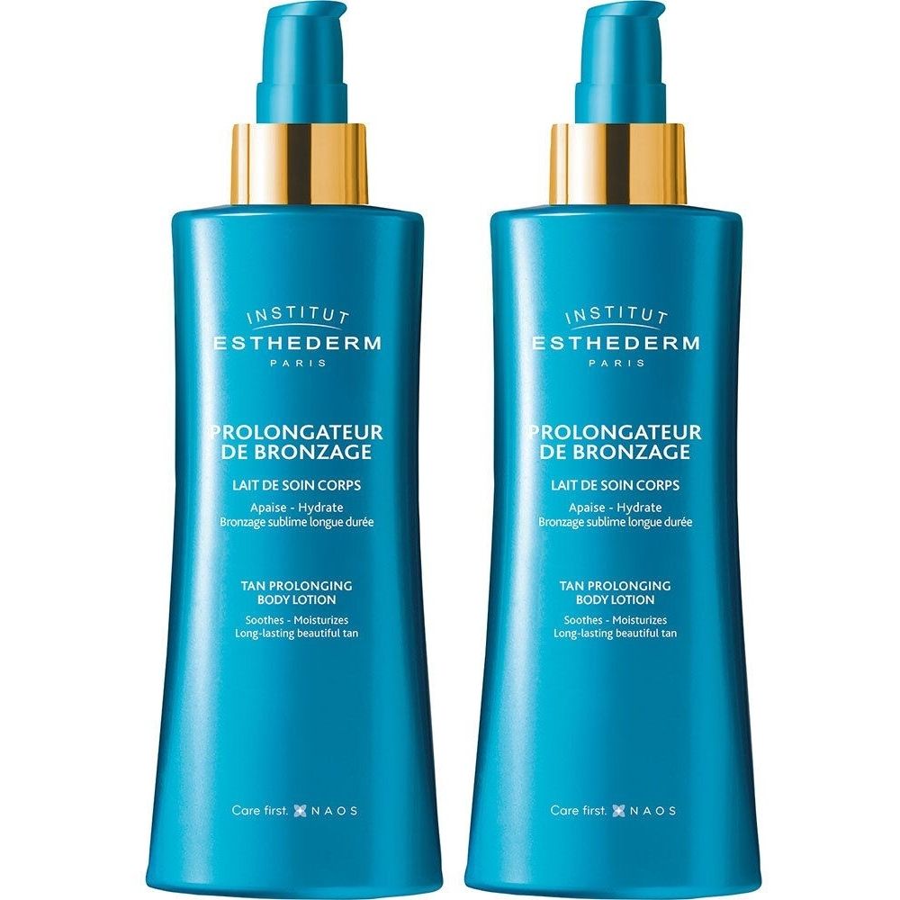 Deux flacons bleus avec pompes dorées. Inscription: INSTITUT ESTHEDERM, PROLONGATEUR DE BRONZAGE, LAIT DE SOIN CORPS, TAN PROLONGING BODY LOTION.