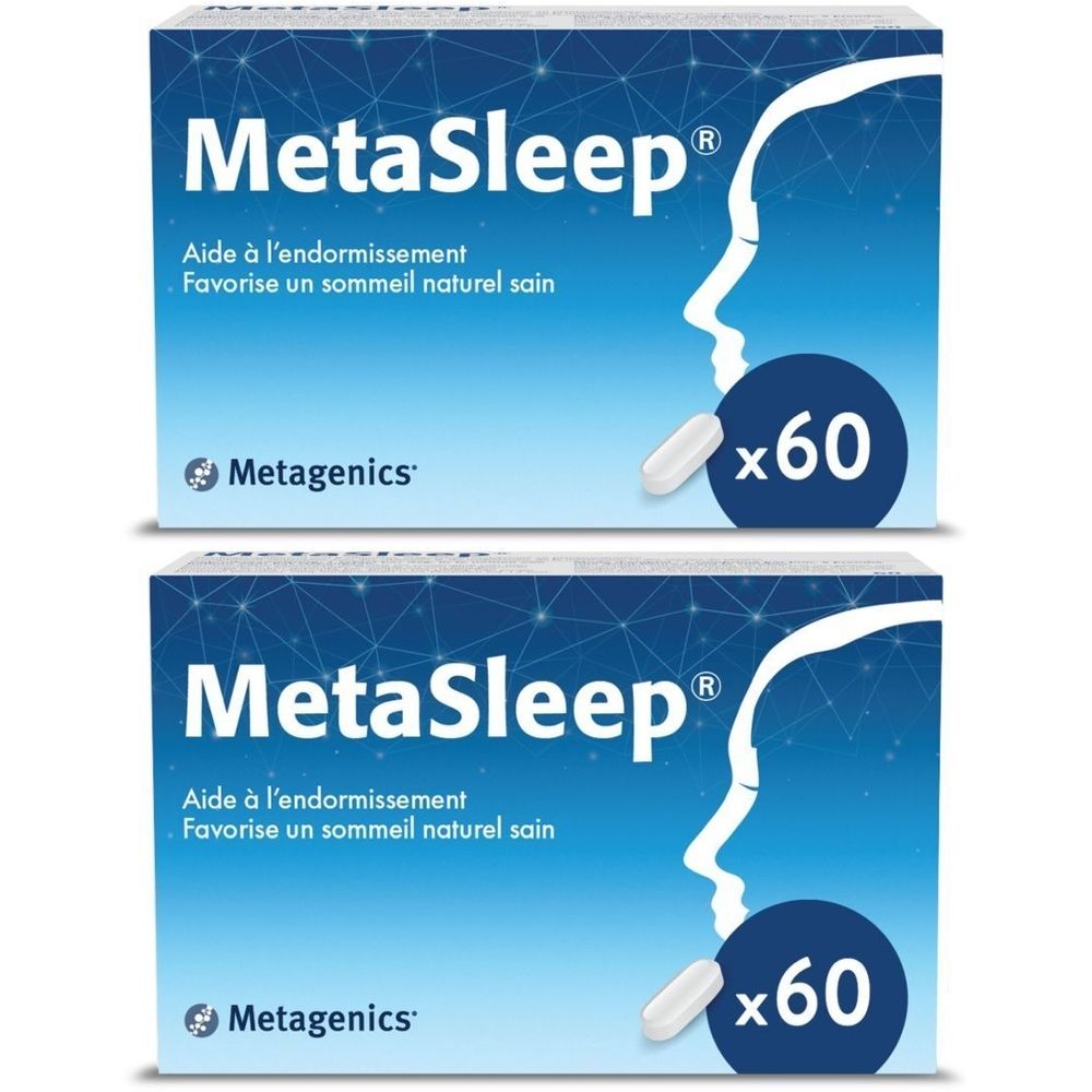 Deux boîtes de MetaSleep. Emballage bleu avec texte blanc et profil de visage endormi. Contient 60 gélules.