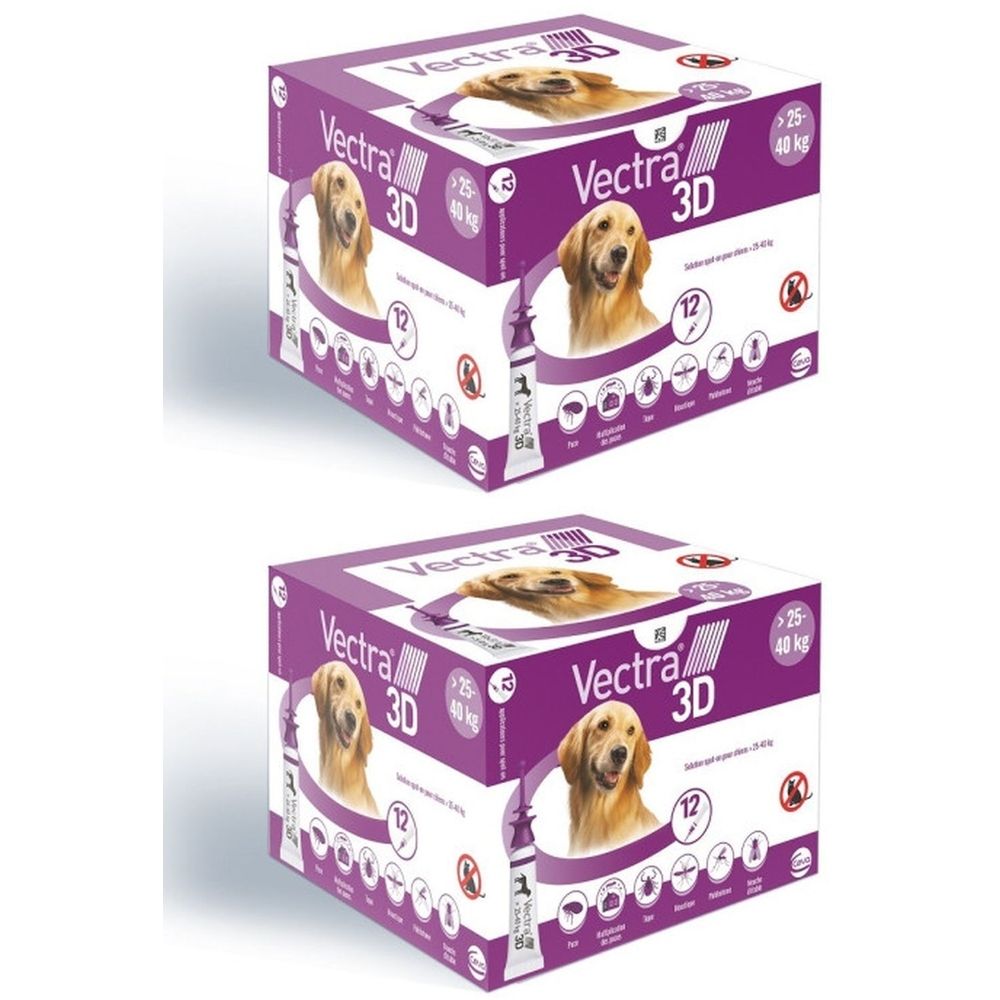 Deux boîtes de Vectra 3D pour chiens. Emballage violet avec photo de chien, nom du produit et classe de poids >25-40 kg.
