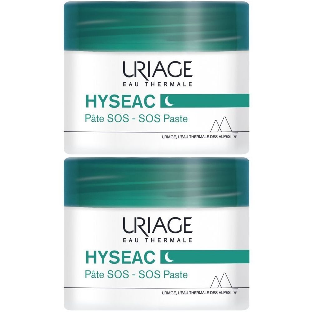 Deux pots de Uriage Hyséac Pâte SOS. Récipients blancs avec couvercles verts et texte. Marque et nom du produit visibles.
