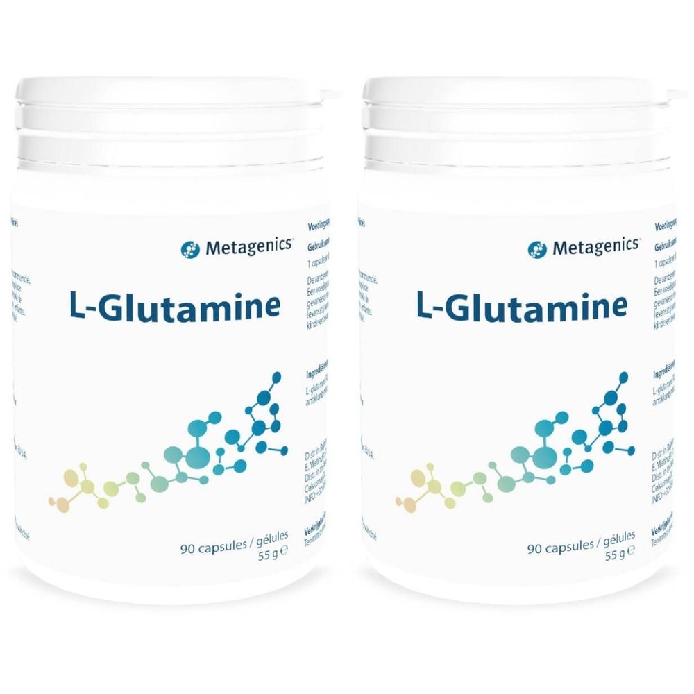 Deux pots blancs avec l'inscription "L-Glutamine" et le logo Metagenics. Inscription : 90 capsules/gélules, 55 g.