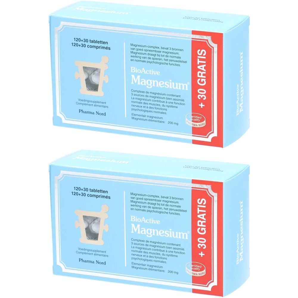 Deux boîtes bleu clair avec "BioActive Magnesium". Inscription : "+30 GRATIS".
