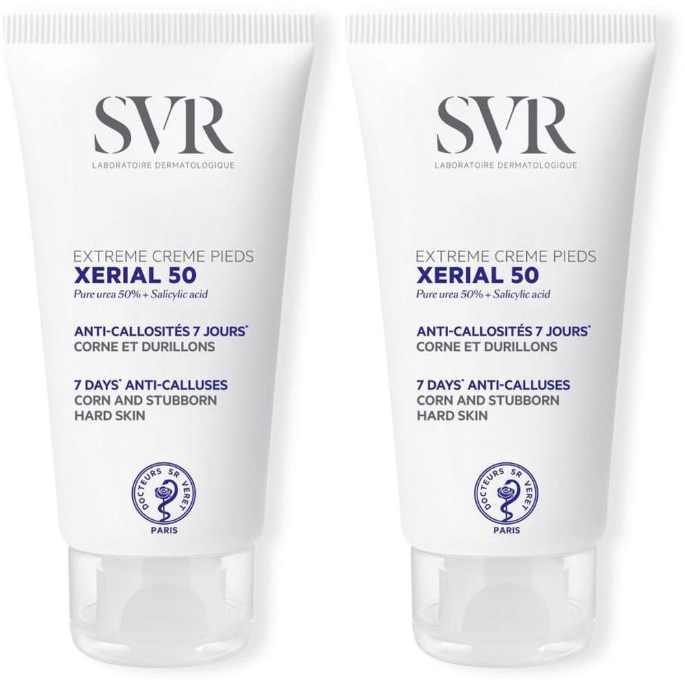 Deux tubes de crème pour les pieds. Blancs, avec texte bleu et noir. Inscription: XERIAL 50, Extreme Creme Pieds. Marque: SVR.