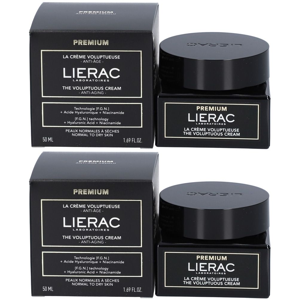 Quatre boîtes et pots noirs. Sur les boîtes, on lit "LIERAC Premium La Crème Voluptueuse Anti-Âge". Sur les pots, on lit "LIERAC Premium".