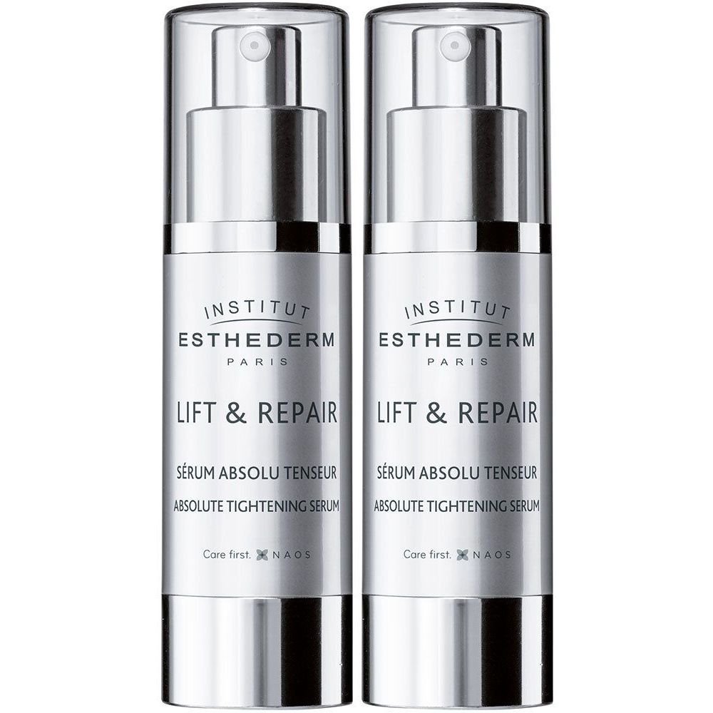 Deux flacons argentés avec pompe. Inscription: Institut Esthederm, Lift & Repair, Sérum Absolu Tenseur, Absolute Tightening Serum.
