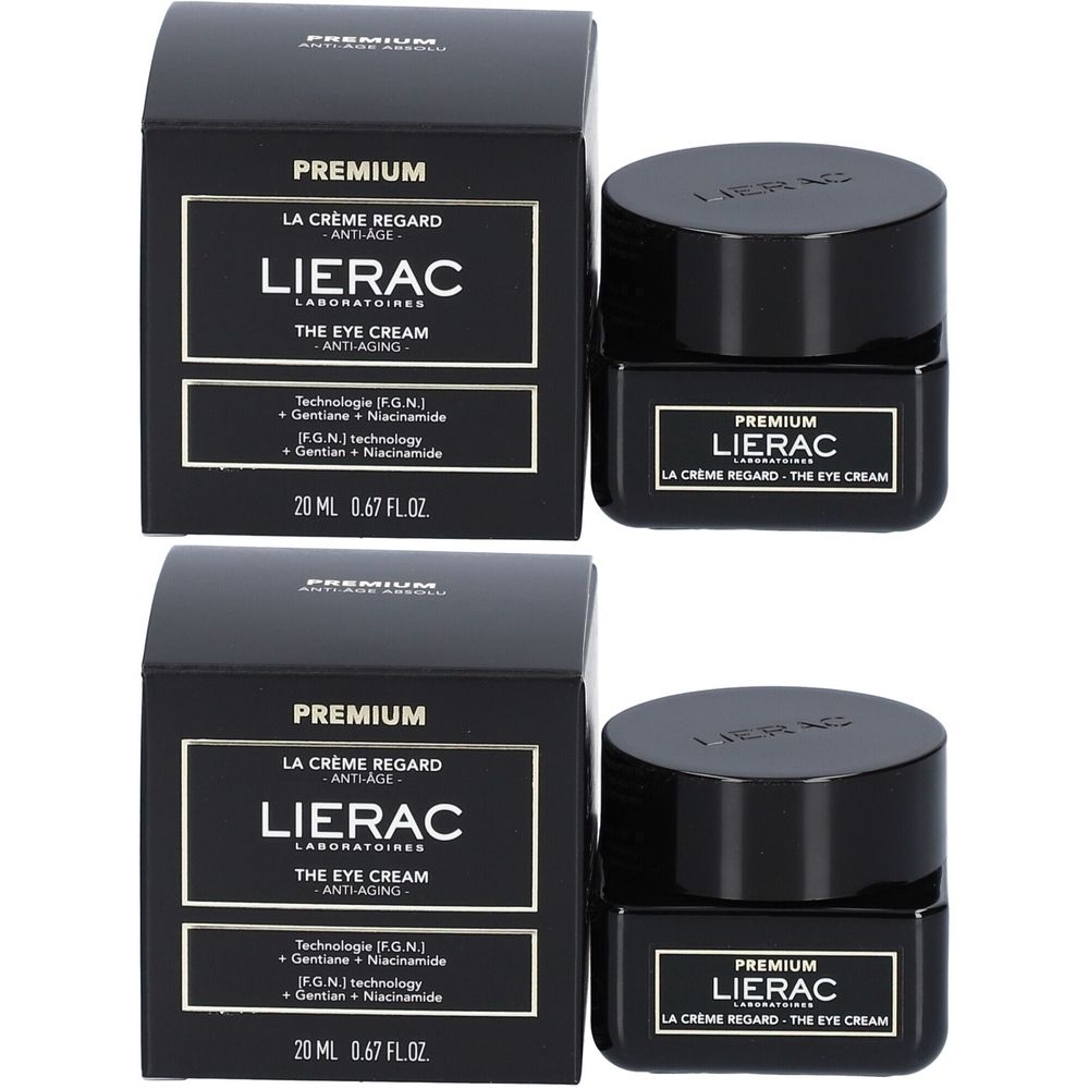 Deux pots et boîtes noirs. Sur les boîtes et les pots, on peut lire "PREMIUM", "LIERAC" et "THE EYE CREAM".
