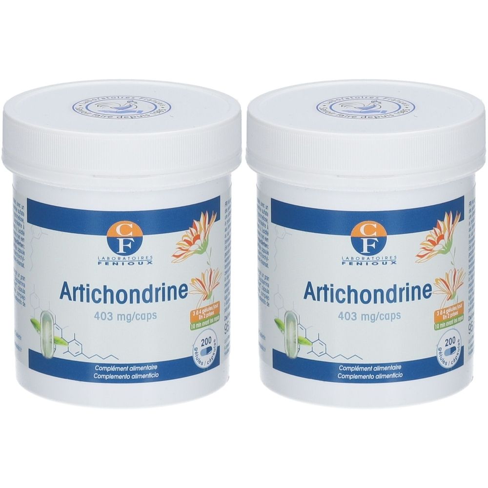 Deux pots blancs avec couvercles. Inscription: Artichondrine, 403 mg/caps. Marque: Laboratoires FENIOUX.