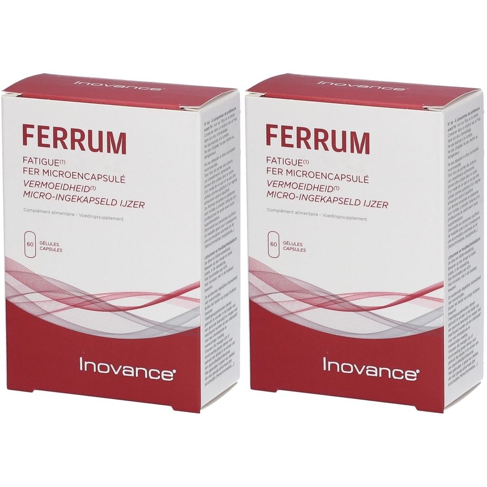 Deux boîtes Inovance Ferrum. Inscription : Ferrum, Fatigue, FER Microencapsule, Vermoeidheid, Micro-ingekapseld IJzer. Marque Inovance.