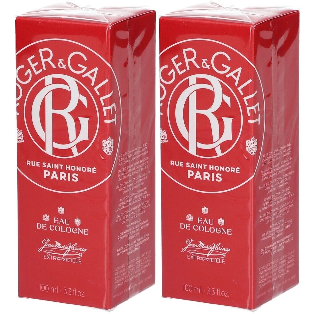 Deux boîtes rouges. Inscription: Roger & Gallet, Eau de Cologne, Jean Marie Farina, Paris. Texte blanc sur fond rouge.