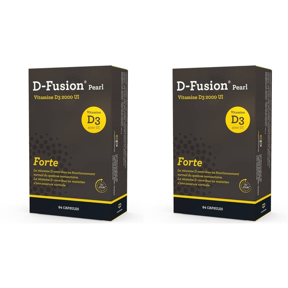 Deux boîtes de D-Fusion Pearl Vitamine D3 2000 UI. Emballage noir avec symbole D3 jaune et texte "Forte".