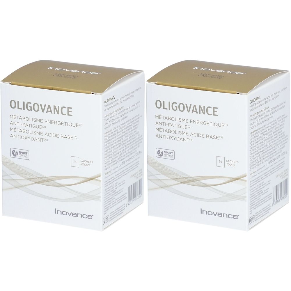 Deux boîtes blanches OLIGOVANCE. Texte: METABOLISME ENERGETIQUE, ANTI-FATIGUE, METABOLISME ACIDE BASE, ANTIOXYDANT. Marque Inovance.