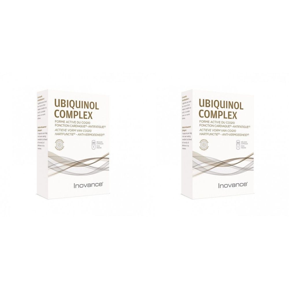 Deux boîtes blanches avec l'inscription "UBIQUINOL COMPLEX" et le nom de la marque "Inovance".