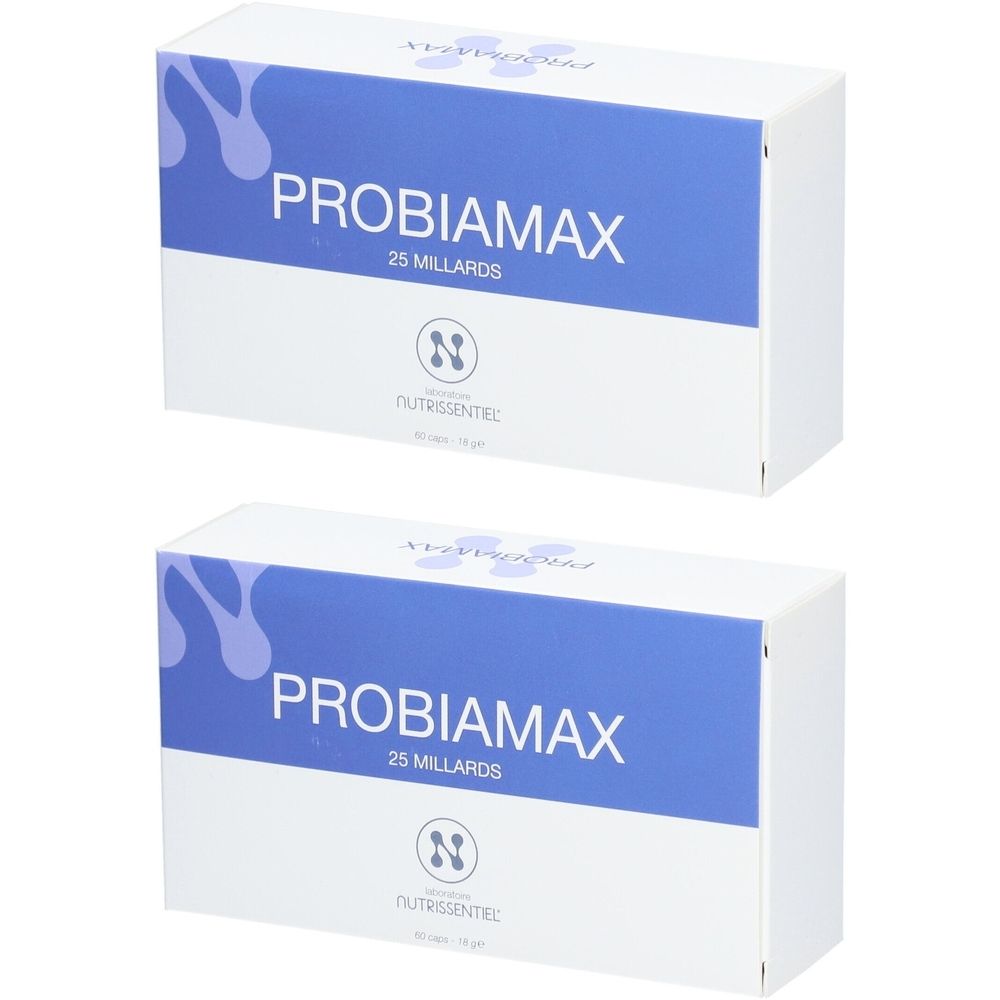 Deux boîtes blanches avec bande bleue. Inscription : PROBIAMAX 25 MILLIARDS. Logo : NUTRISSENTIEL.