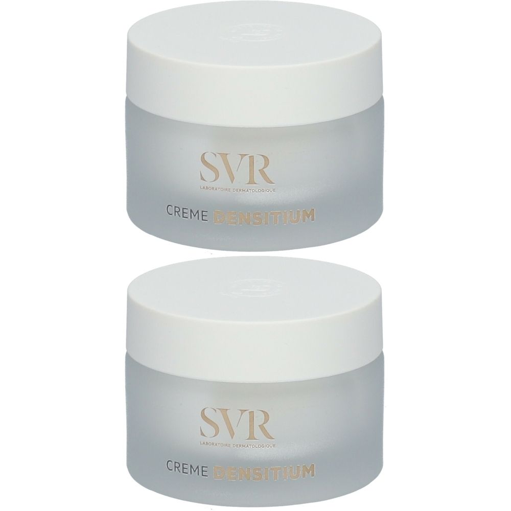 Deux pots de crème avec couvercles blancs et verre dépoli. Inscription: SVR, Crème Densitium.