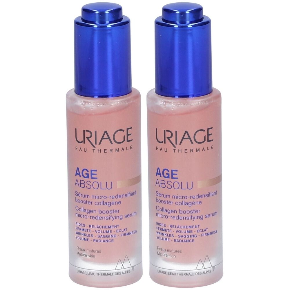 Deux flacons de sérum Uriage Age Absolu. Liquide rose dans des flacons en verre avec des bouchons bleus. Texte: Age Absolu, booster de collagène.