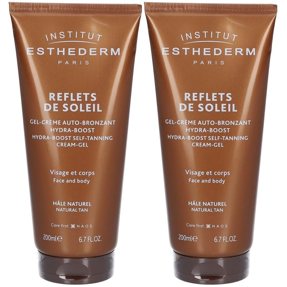 Deux tubes de crème autobronzante. Emballage marron avec texte blanc. Nom du produit et détails.