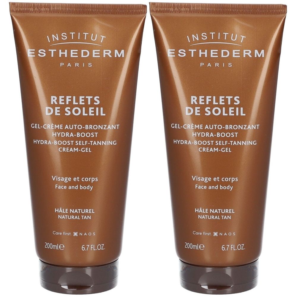 Deux tubes de gel-crème autobronzant. Inscription: INSTITUT ESTHEDERM, REFLETS DE SOLEIL, HYDRA-BOOST. Pour visage et corps.